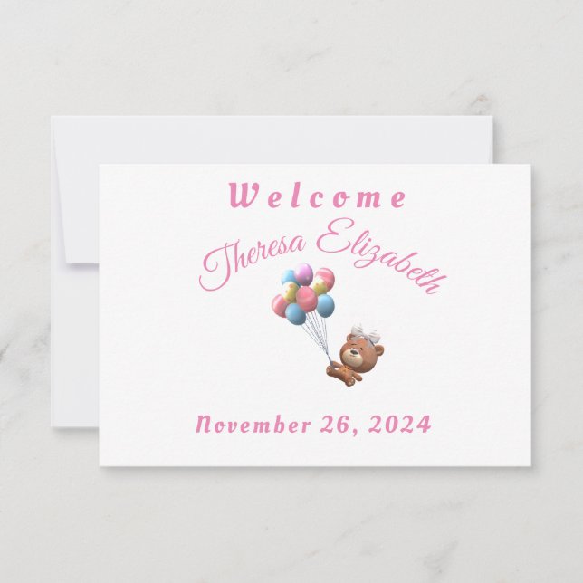 Convite Urso rosa e placa de gabinete com reflexos (Frente)