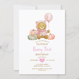 Convite Urso Rosa Pumpkin Queda Urso Primeiro Aniversário