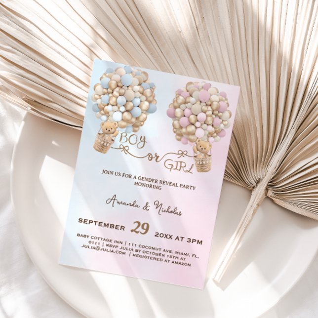 Convite Urso Suave, Rosa e Balões Azuis - Cor-de-Rosa - Re (Criador carregado)