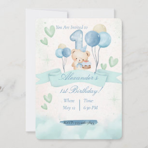 Convite Urso Teddy Azul de Aquarela para 1º Aniversário