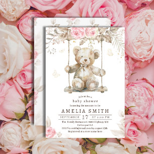 Convite Urso Teddy Bege Adorável Aquarela Floral Rosa