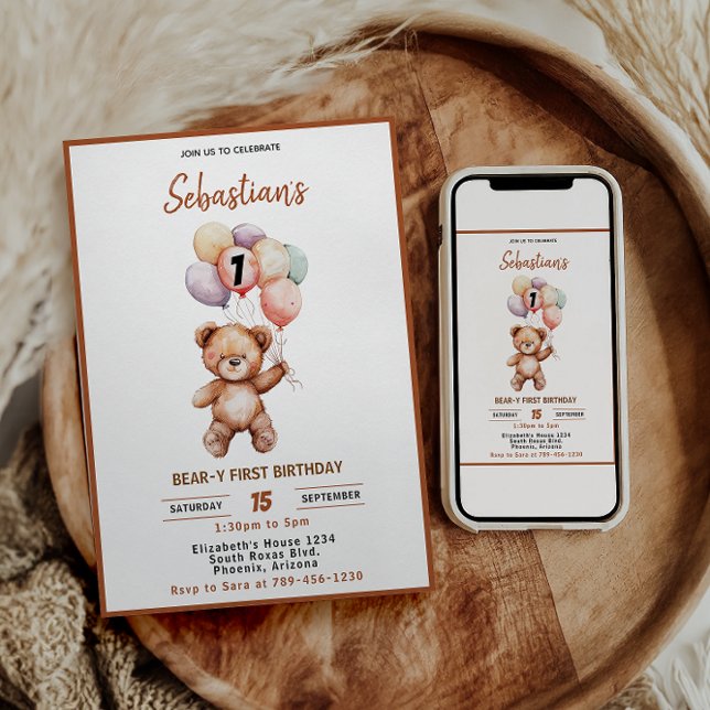 Convite Urso Teddy Fofo Aniversário de 1 ano | Urso Doce  (Cute Teddy Bear 1st Birthday | Sweet Bear Invitation)