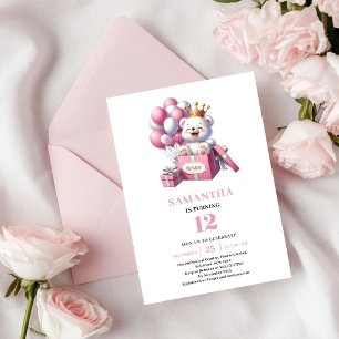 Convite Urso Teddy Fofo Aniversário Menina Balões Rosa Mar