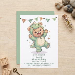 Convite Urso Teddy Fofo Dinossauro Aniversário de 1 ano
