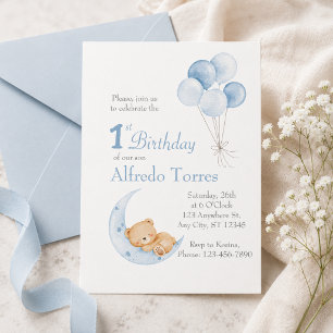 Convite Urso Teddy Fofo na Lua 1º Aniversário Menino Aquar