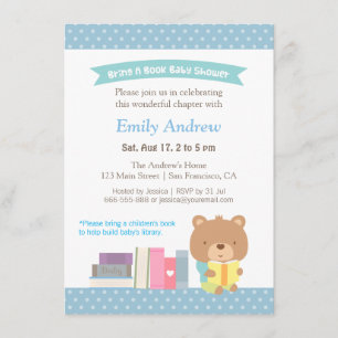 Convite Urso Teddy Fofo Pontos Azuis Livro Chá de Bebê