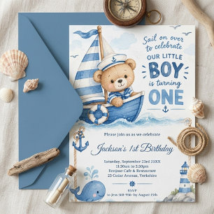 Convite Urso Teddy Náutico Barco de Aniversário de 1 Ano