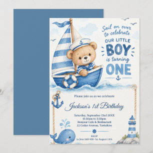 Convite Urso Teddy Náutico Barco de Aniversário de 1 Ano