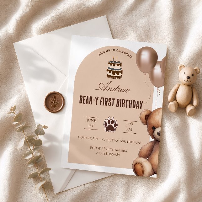 Convite Urso Tema de Urso de Primeiro Aniversário Menino (Criador carregado)