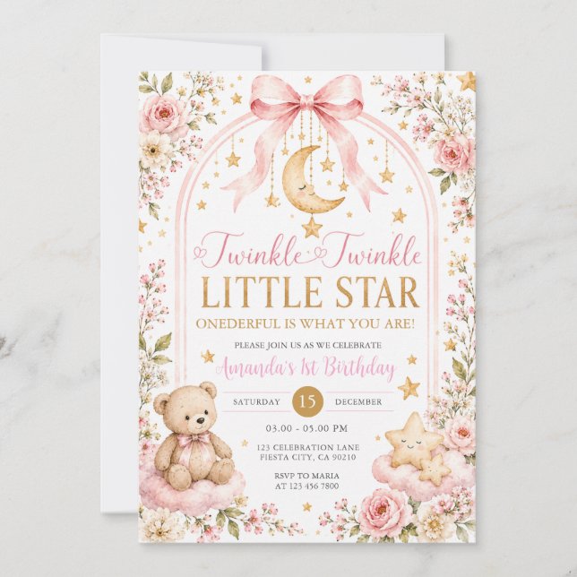 Convite Urso Twinkle Twinkle Little Star 1º Aniversário (Frente)