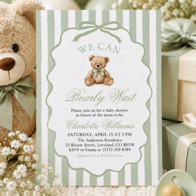 Convite Urso Verde de Pelúcia Mal Podemos Esperar Chá de B (Green Teddy Bear We Can Bearly Wait Baby Shower Invitation)