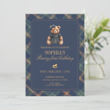 Urso Xadrez Azul Menina Plaid 1º Aniversário
