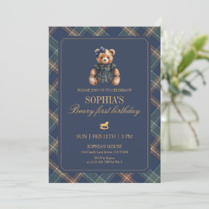 Convite Urso Xadrez Azul Menina Plaid 1º Aniversário