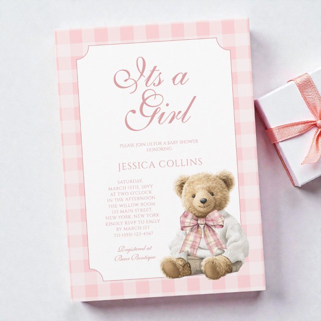 Convite Urso Xadrez Rosa Elegante É uma Menina Chá de Bebê (Elegant Pink Gingham Bear It's a Girl Baby Shower Invitation)