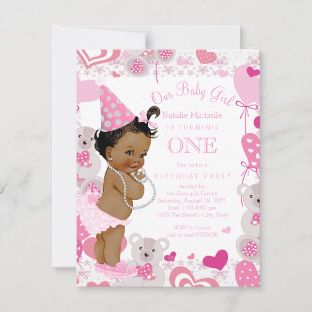 Convite Ursos cor-de-rosa Festa de primeiro aniversario da (Frente)