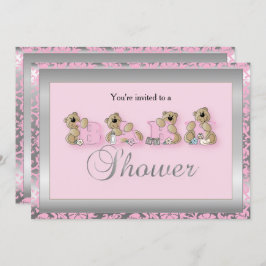 Convite Ursos de Prata e Damasco Rosa | Chá de fraldas