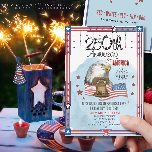 Convite US 250th Anniversary Hand Drawn Bell Eagle (US 250th Anniversary Hand Drawn Bell Eagle Invitation)
