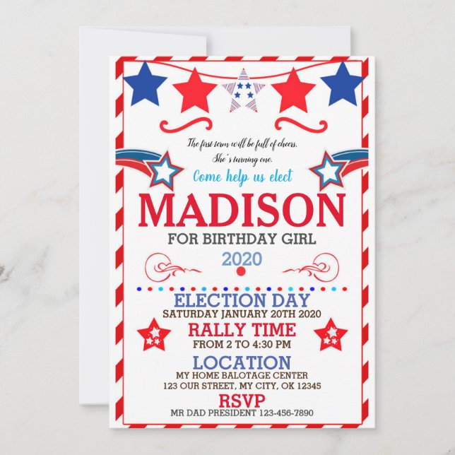 CONVITE US BIRTHDAY GIRL ELECTION BIRTHDAY INVITATION (Frente)