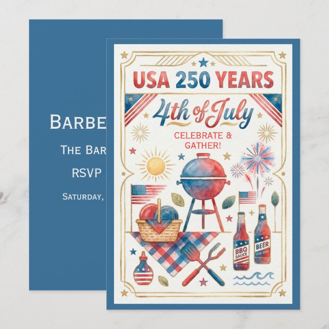 Convite USA 250 Years 4th of July BBQ Invitation (Frente/Verso)