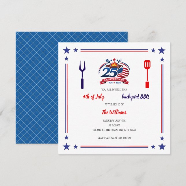 Convite USA 250th Anniversary Backyard BBQ Invitation (Frente/Verso)