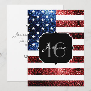 Convite USA flag red blue sparkles glitter Sweet 16 Convid