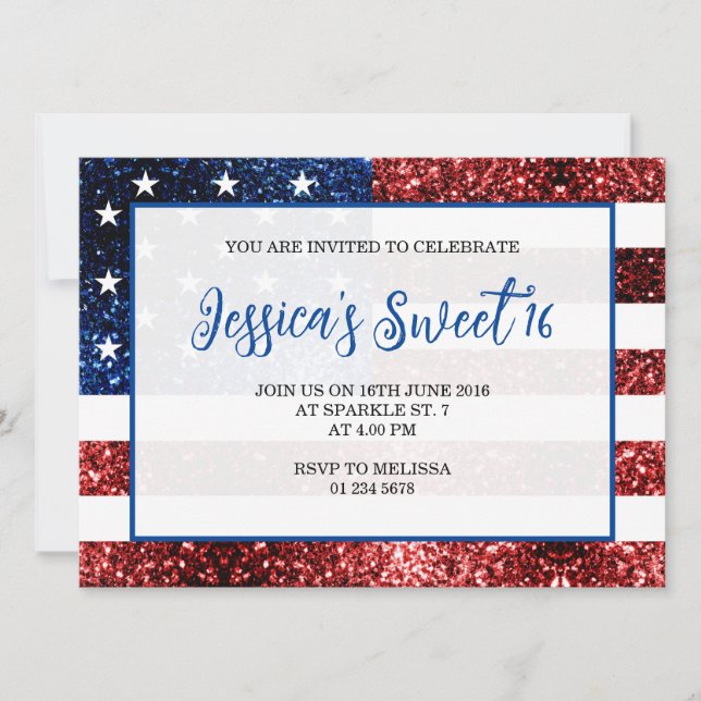 Convite USA flag red blue sparkles Sweet 16 elegant script (Frente)