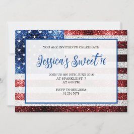Convite USA flag red blue sparkles Sweet 16 elegant script