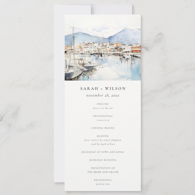 Convite Ushuaia, Argentina Watercolor Scape Wedding Menu (Frente)