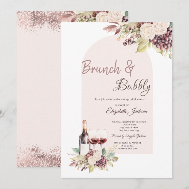 Convite Uvas Vinícolas Flores Boho Brunch & Espumante (Frente/Verso)