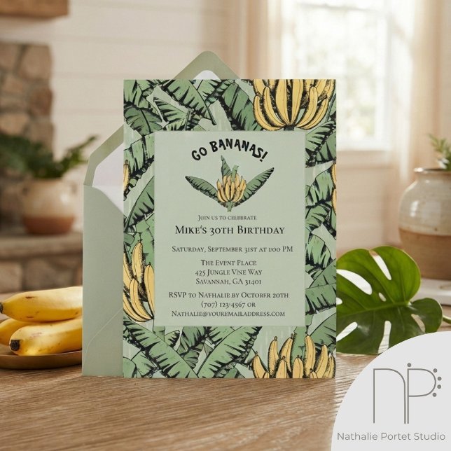 Convite Vá Bananas Verde Tropical (This hand-drawn tropical banana leaf invitation features fully editable text for your wild birthday )