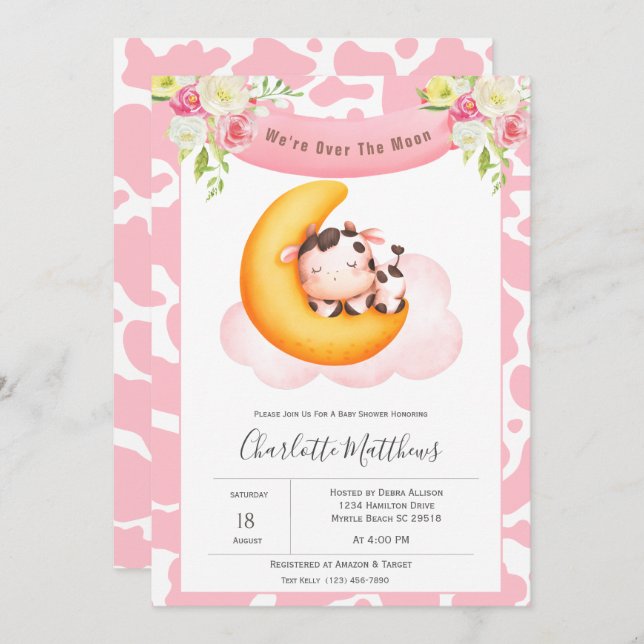 Convite Vaca Bonita Sobre O Chá de fraldas Da Lua (Frente/Verso)