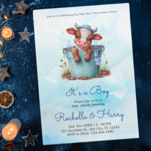 Convite Vaca branca de bebê em Chá de fraldas azul Balde É