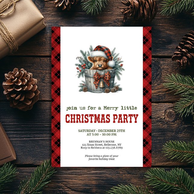 Convite Vaca das Terras Altas aconchegante convida azevinh (Cozy highland cow invite holly berries and pine

)