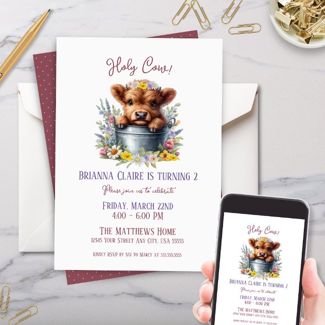 Convite Vaca das Terras Altas Cegas com Aniversário de cri (Cute wildflower highland cow theme kids baby birthday party invitation for country floral party)