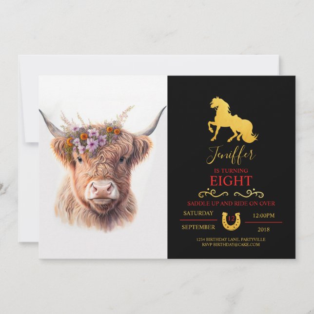 Convite Vaca das Terras Altas com Coroa Floral Ilustração  (Frente)