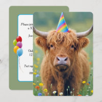 Vaca das Terras Altas de aniversário com chapéu de