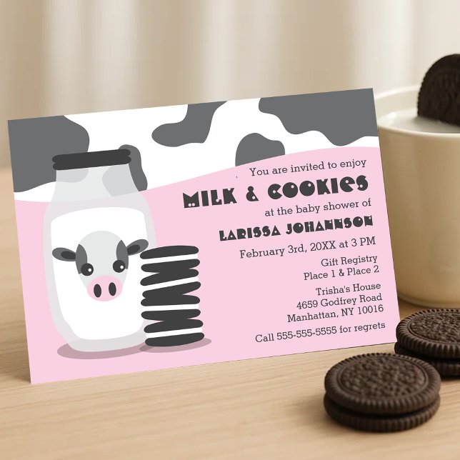 Convite Vaca e Leite de Cué e Chás de fraldas de Cookies R (Cute Cow and Milk and Cookies Pink Baby Shower Invitation)