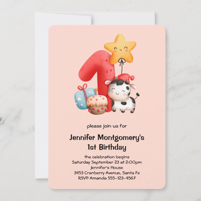 Convite Vaca Feliz e Fofa de 1º Aniversário (Frente)