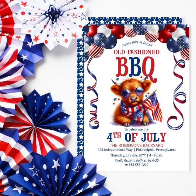Convite Vaca Highland | Óculos de sol 4º do Partido do CHU (Balloon Arch and Cute Cool Highland Cow Calf Sporting Sunglasses 4th of July BBQ Invitation)