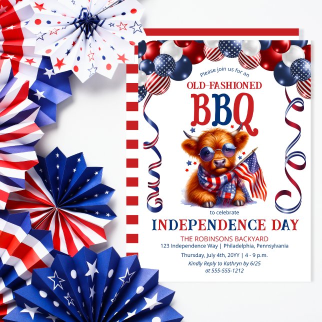 Convite Vaca Highland | Óculos de sol 4º do Partido do CHU (Balloon Arch Cute Cool Highland Cow Calf Sporting Sunglasses Independence Day BBQ July 4 Invitation)