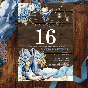 Convite Vaca Ocidental Blue Floral Wood Sweet 16 Aniversár
