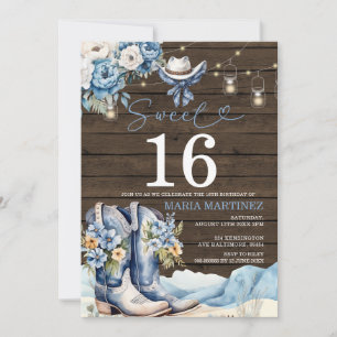 Convite Vaca Ocidental Blue Floral Wood Sweet 16 Aniversár