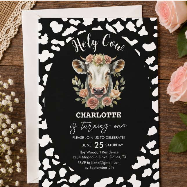 Convite Vaca Sagrada Eu Sou Uma Vaqueira 1º Aniversário (Holy Cow I'm One Cow Girl 1st Birthday Invitation)
