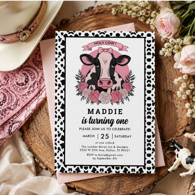 Convite Vaca Sagrada Eu Sou Uma Vaqueira Festa de 1º Anive (Holy Cow I’m One Cowgirl 1st Birthday Party Invitation)