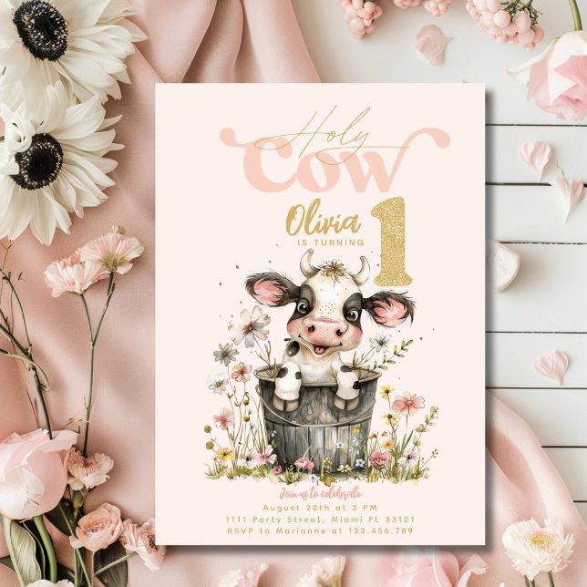 Convite Vaca Sagrada Sou Uma Vaqueira Rosa Primeiro Aniver (Holy Cow I'm One Cow Girl Pink First 1st Birthday Invitation)