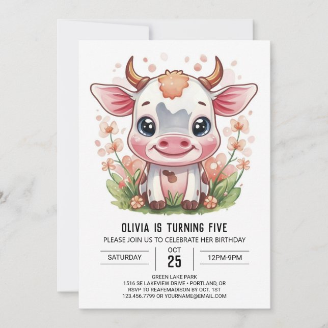 Convite Vaca Whimsical Elegant Watercolor (Frente)
