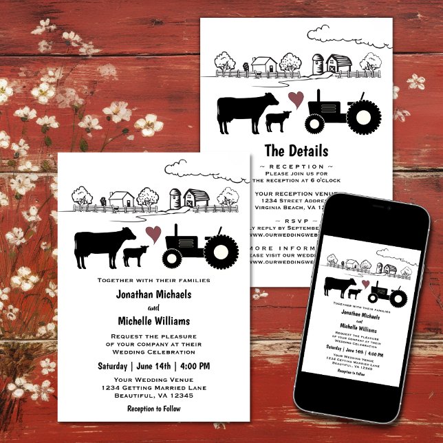 Convite Vacas e Fazenda do País Trator Tudo em Um Casament (Cows and Tractor Country Farm All in One Wedding Invitation
)