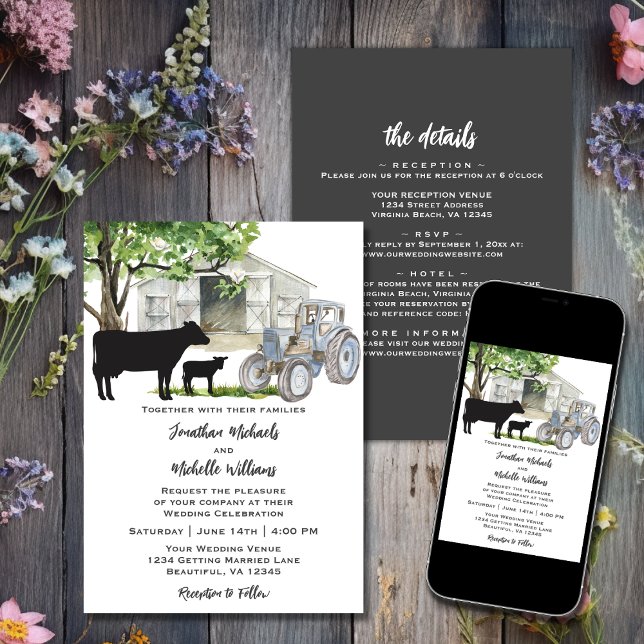 Convite Vacas e Fazenda do País Trator Tudo em Um Casament (Printed and Digital - Cows and Tractor Country Farm All in One Wedding Invitation)