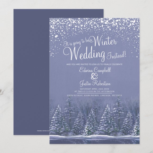 Convite Vai ser um lago de neve casamento no inverno azul (Frente/Verso)