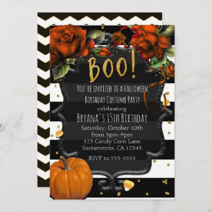 Convite VAIA! Rosas & abóbora listrados brancos pretos o